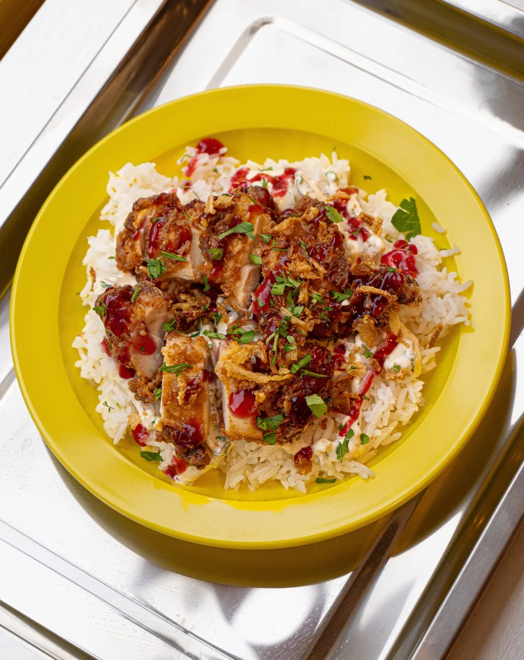 Poulet croustillant, sauce fruits rouges